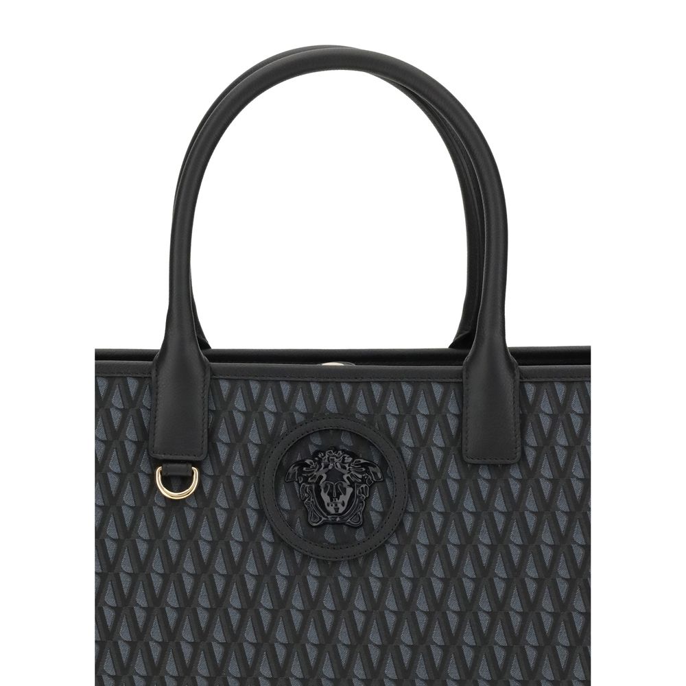 Alt Tag: Versace La Medusa Tote Bag with black handles and allover V pattern, featuring La Medusa embellishment on the front.