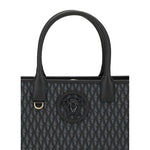 Alt Tag: Versace La Medusa Tote Bag with black handles and allover V pattern, featuring La Medusa embellishment on the front.