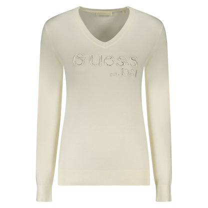 Guess Jeans White Viscose Women Sweater with embroidery and rhinestones, long-sleeved V-neck for stylish versatility and luxury.