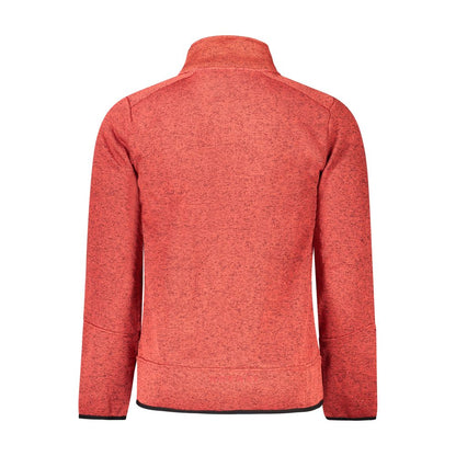 Back view of Norway 1963 Red Polyester Men Sweater showcasing contemporary design and intricate details.