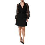 Emporio Armani Black Sheer Sleeve Belted V-Neck Mini Dress with sheer sleeves and belted waist, perfect for evening occasions.
