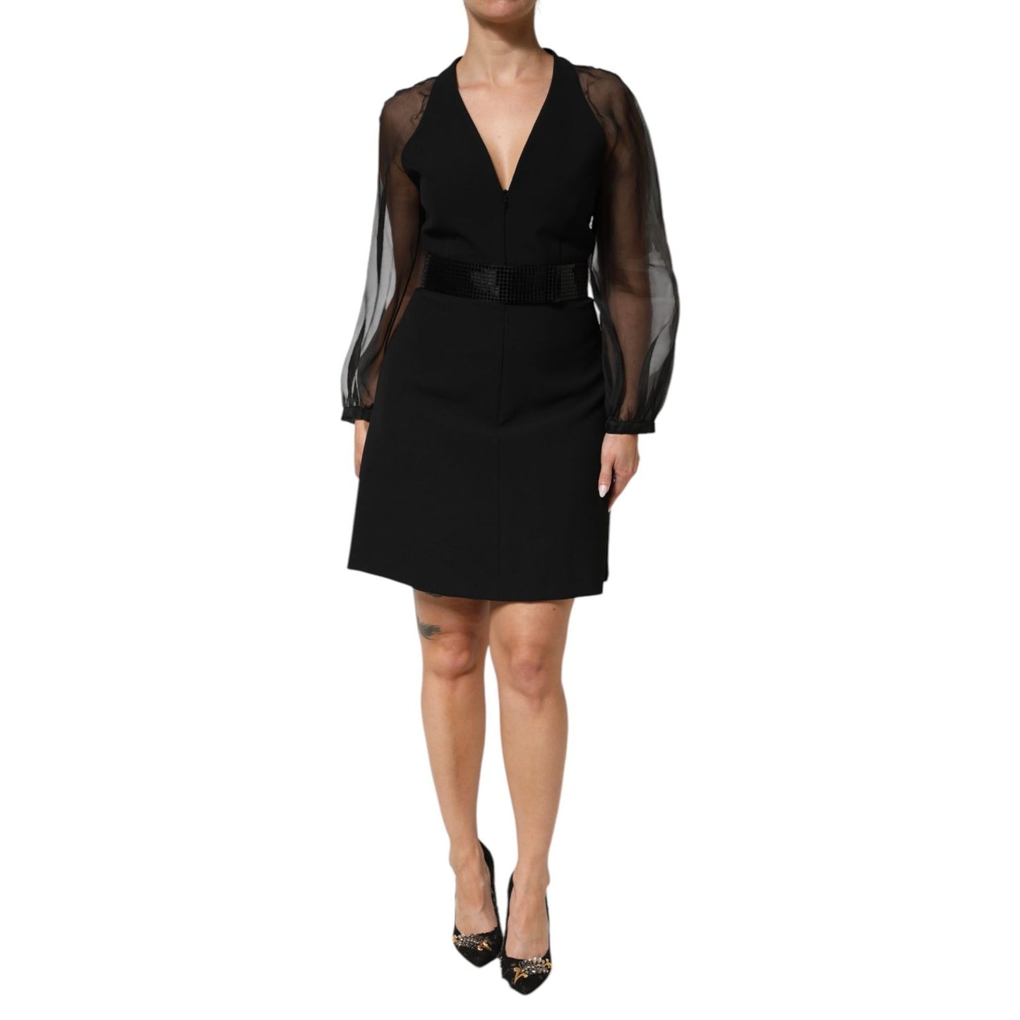 Emporio Armani Black Sheer Sleeve Belted V-Neck Mini Dress with long sleeves and deep neckline, perfect for evening events.