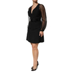 Emporio Armani Black Sheer Sleeve Belted V-Neck Mini Dress with long sleeves and a flattering mini-length silhouette, for evening events.