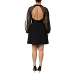 Back view of Emporio Armani Black Sheer Sleeve Belted V-Neck Mini Dress featuring a back zipper closure and sheer long sleeves.