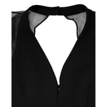 Close-up of Emporio Armani Black Sheer Sleeve Belted V-Neck Mini Dress showing neckline and sheer sleeves.