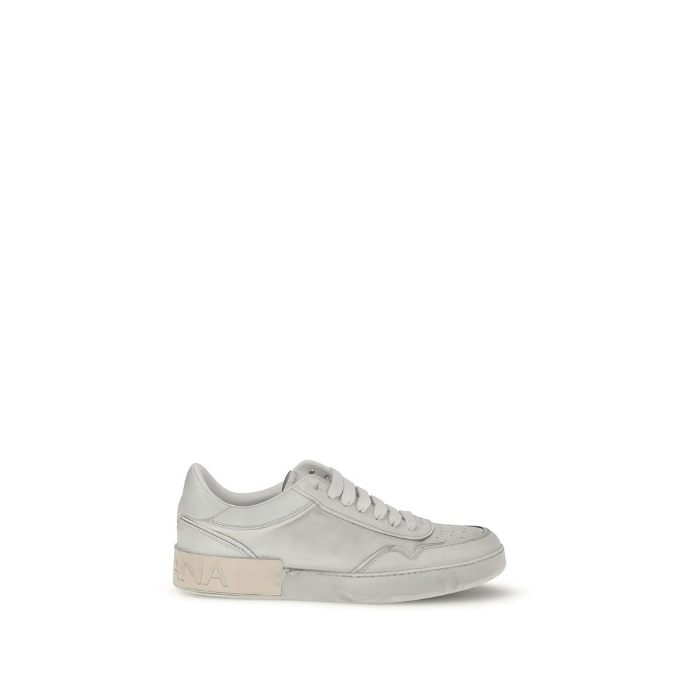 Dolce & Gabbana White Calf Leather Bos Taurus Low Top Sneakers side view with logo detail.
