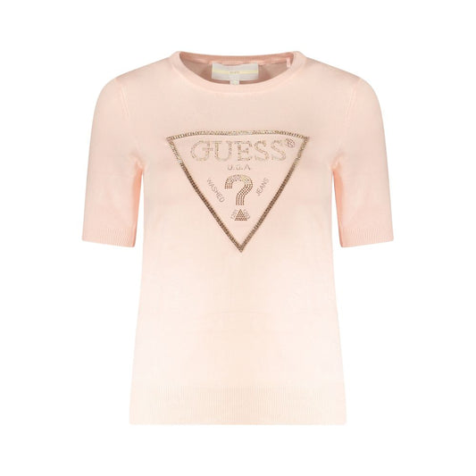Alt Tag: Guess Jeans Pink Viscose Sweater, short sleeved crew neck with rhinestone logo and contrasting details