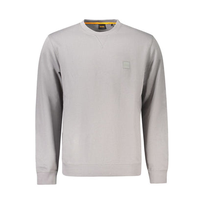 Hugo Boss Gray Cotton Men Sweater featuring crew neck and logo, crafted from premium cotton with brushed interior for comfort.