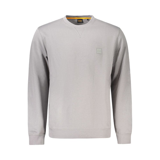 Hugo Boss Gray Cotton Men Sweater featuring crew neck and logo, crafted from premium cotton with brushed interior for comfort.