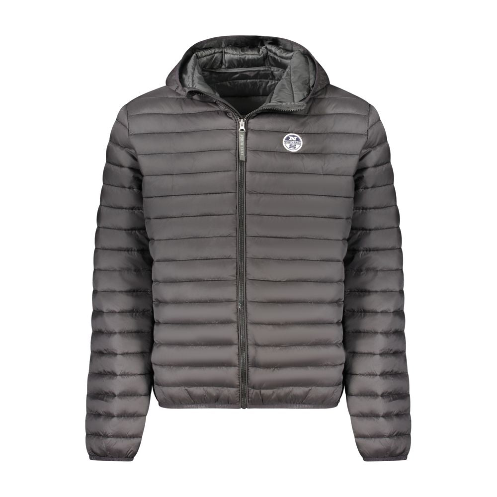 North Sails Black Polyester Men Jacket with hood, lightweight padding, external and internal pockets, stylish and functional design.