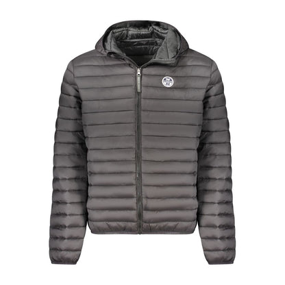 North Sails Black Polyester Men Jacket with hood, lightweight padding, external and internal pockets, stylish and functional design.