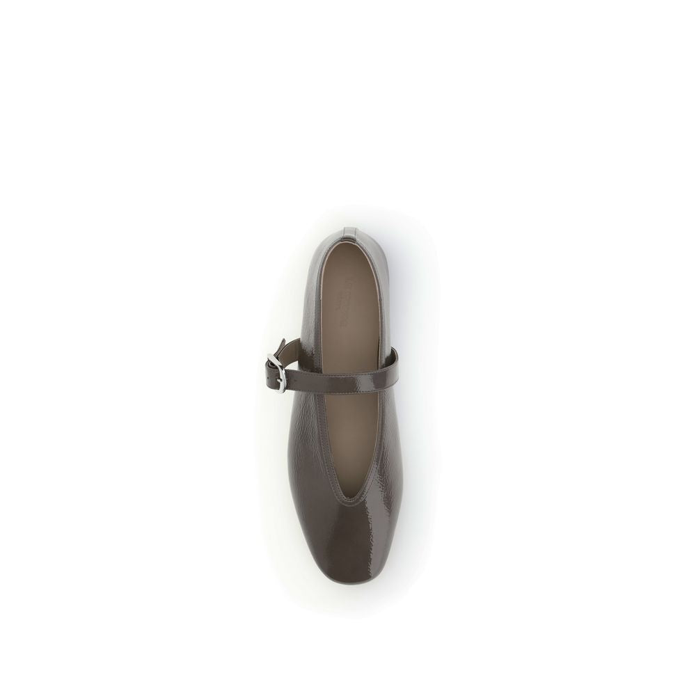 Top view of Le Monde Béryl Brown Calf Leather Bos Taurus Ballet Flats with adjustable strap closure and beveled toe design.