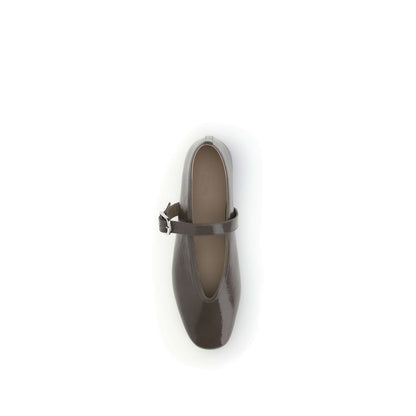 Top view of Le Monde Béryl Brown Calf Leather Bos Taurus Ballet Flats with adjustable strap closure and beveled toe design.