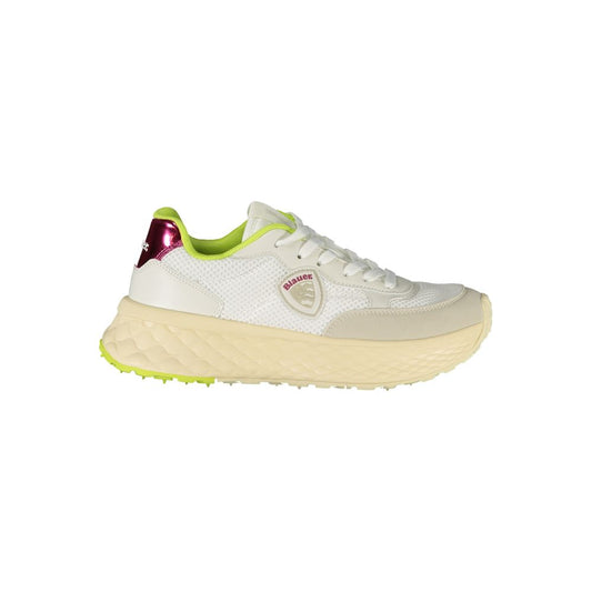 Blauer White Polyester Sneaker with green and fuchsia accents, contrasting details, removable insole, and logo application.