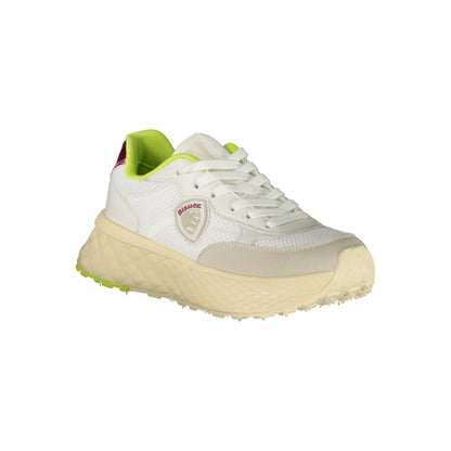 Blauer White Polyester Sneaker with laces, green/fuchsia accents, removable insole, and logo. Ideal sports shoe for style and comfort.