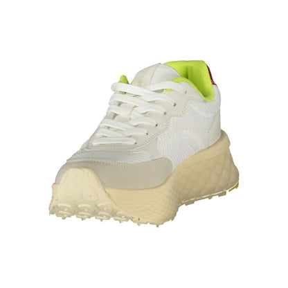 Blauer White Polyester Sneaker with green and fuchsia details, sports shoe featuring laces, removable insole, and logo application.