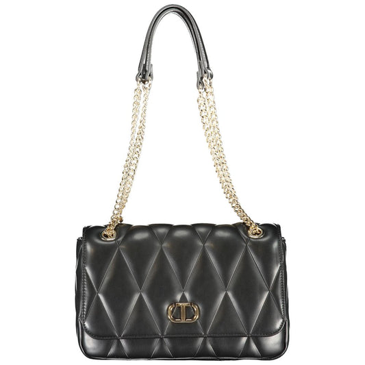Twinset Black Polyethylene Women Handbag with chain handles and bold snap closure, stylish accessory for modern fashion enthusiasts.