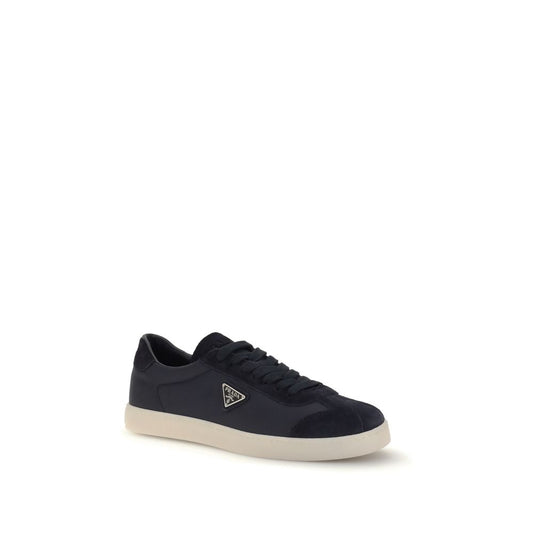 Prada Leather Sneakers featuring flat rubber sole and triangular side plaque, tone-on-tone logo; perfect blend of style and comfort.