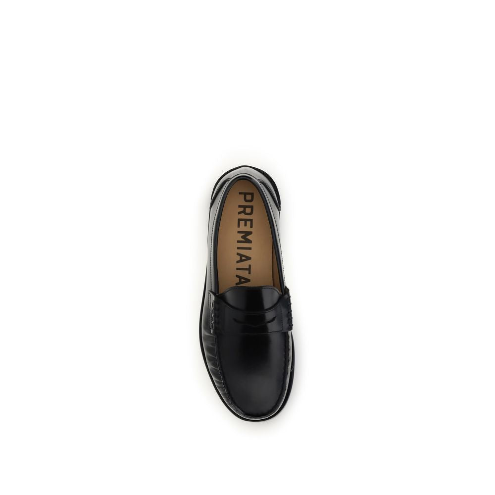 Premiata Arnold Loafers in black calfskin leather, featuring traditional parabout stitching and rubber sole, made in Italy.