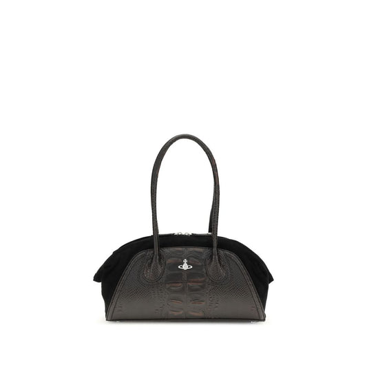 Vivienne Westwood Black Calf Leather Bos Taurus Shoulder Bag, crocodile-embossed, suede, Orb detail, round handles, zip closure.