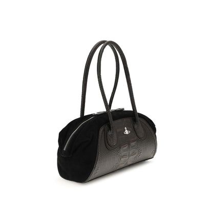 Vivienne Westwood Black Calf Leather Bos Taurus Shoulder Bag with crocodile-embossed design and Orb detail on front.