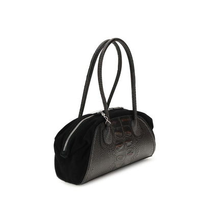 Vivienne Westwood Black Calf Leather Bos Taurus Shoulder Bag with crocodile-embossed leather and suede, dual handles, and metal orb detail.
