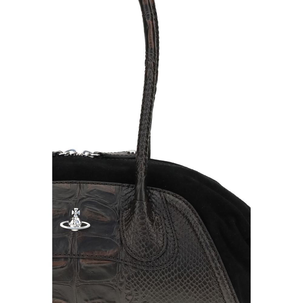 Vivienne Westwood Black Calf Leather Bos Taurus Shoulder Bag, crocodile-embossed leather with Orb detail and suede accents
