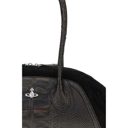 Vivienne Westwood Black Calf Leather Bos Taurus Shoulder Bag, crocodile-embossed leather with Orb detail and suede accents