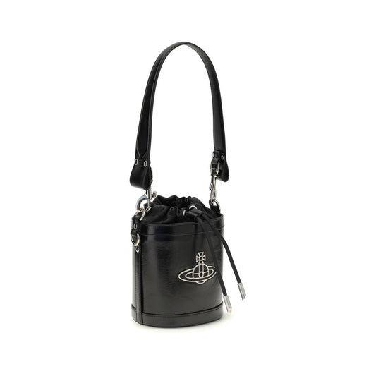 Vivienne Westwood Kitty Bucket Bag in black nappa leather with Orb detail, featuring versatile handles and drawstring closure.
