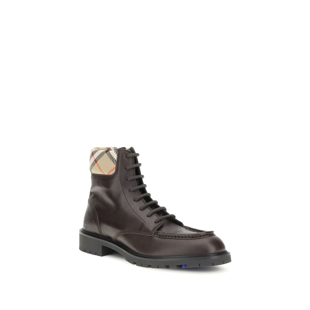 Burberry Brown Calf Leather Bos Taurus Lace-Up Boots with Equestrian Knight design and check collar, AW25 season.