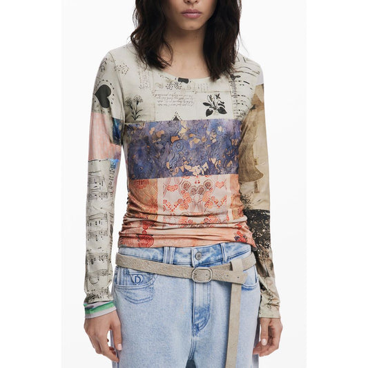 Desigual Beige Viscose Women Top with eye-catching pattern and wide neck, long sleeves, made for comfort and style.