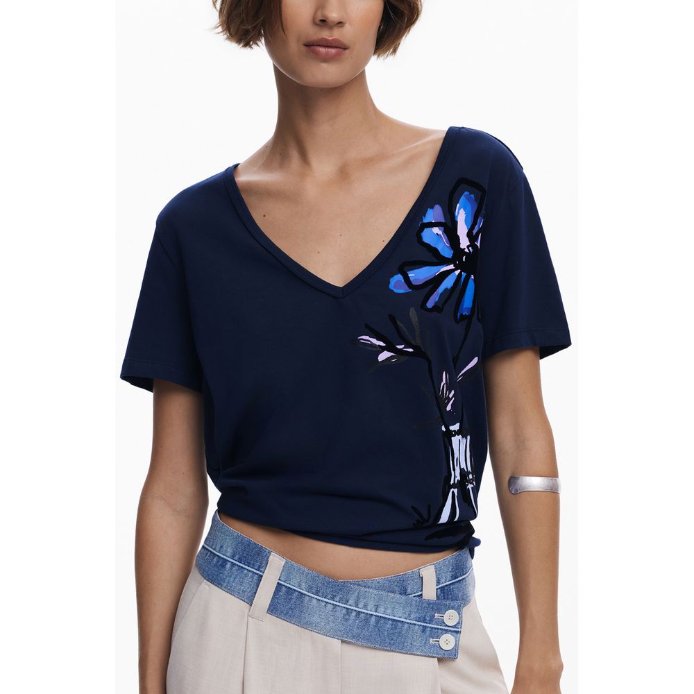 Desigual Blue Cotton Women T-Shirt with V-neck and floral print, featuring stylish design and iconic logo, ideal for fashion-forward wardrobes.