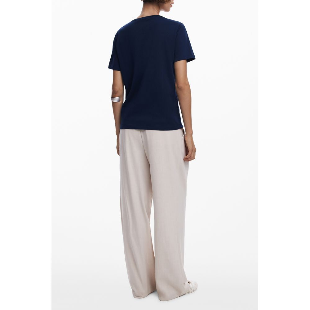 Back view of Desigual Blue Cotton Women T-Shirt with short sleeves and V-neck, featuring a chic print and the Desigual logo.