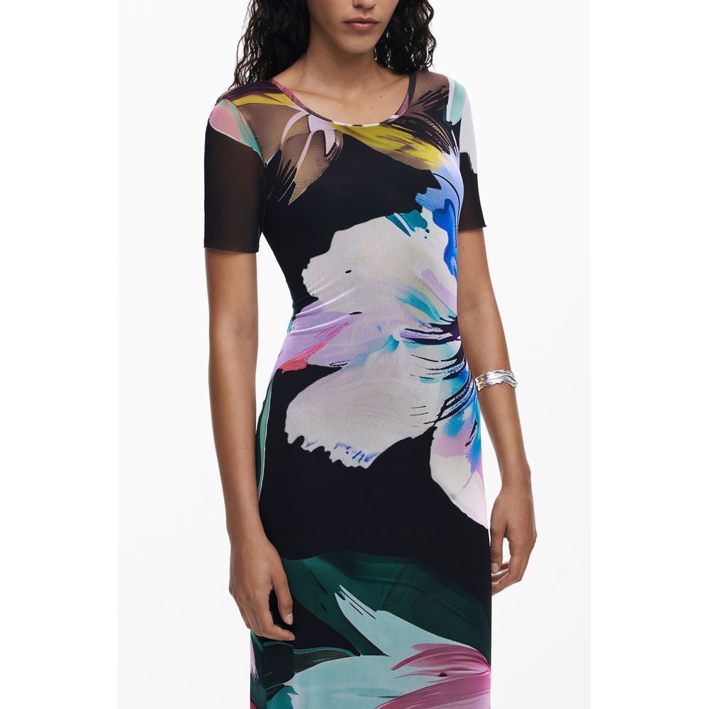 Desigual Black Polyester Women Dress in floral print, short sleeves, modeled by woman against white background.