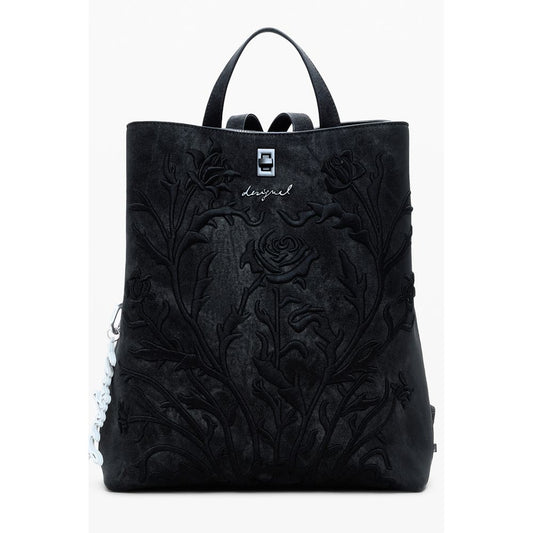 Desigual Black Polyethylene Women Backpack with embroidered floral design and adjustable straps for a bold, practical style.