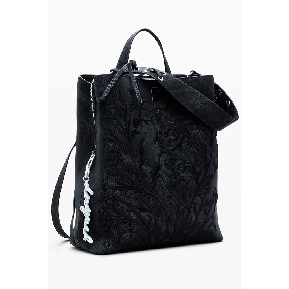 Desigual Black Polyethylene Women Backpack with floral embroidery and adjustable straps for style and comfort.