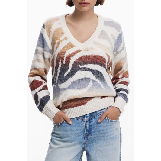 Desigual White Polyamide Women Sweater featuring vibrant patterns in long-sleeve design with logo, made from Marabou and durable polyamide.