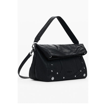 Desigual Black Polyethylene Women Handbag with embroidery and contrasting details, featuring expandable bottom and removable straps.