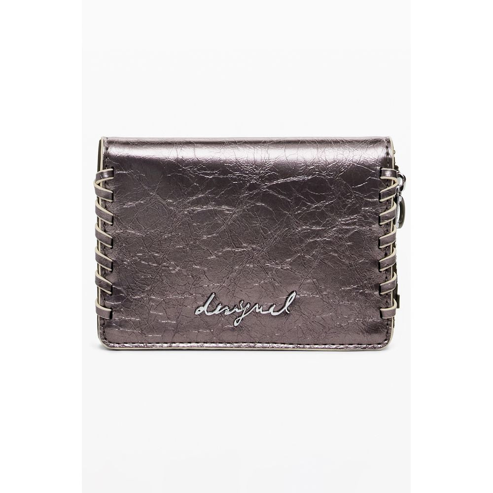 Desigual Bronze Polyethylene Women Wallet with signature embroidery and zip closure, featuring coin purse and card spaces.