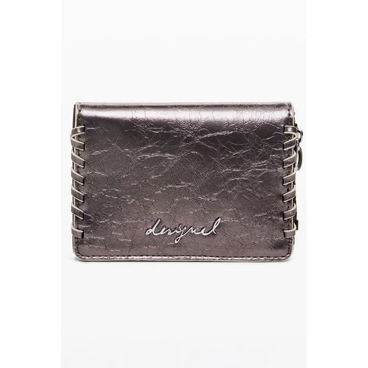 Desigual Bronze Polyethylene Women Wallet with signature embroidery and zip closure, featuring coin purse and card spaces.