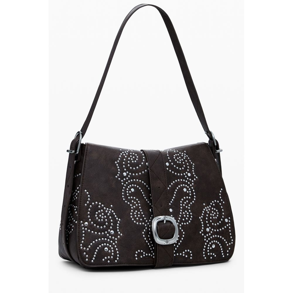 Desigual Brown Polyethylene Women Handbag with chic studs and adjustable strap, featuring external and internal pockets for functionality.