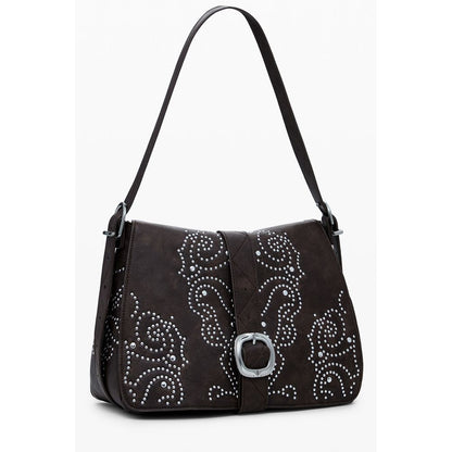 Desigual Brown Polyethylene Women Handbag with chic studs and adjustable strap, featuring external and internal pockets for functionality.