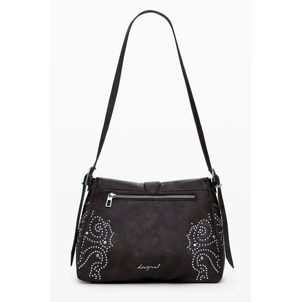 Desigual Brown Polyethylene Women Handbag with studs and adjustable strap, featuring an external pocket and elegant design.