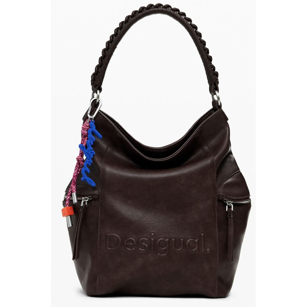 Desigual Brown Polyethylene Women Backpack with Africa-inspired logo and tactile relief print, stylish and versatile accessory.