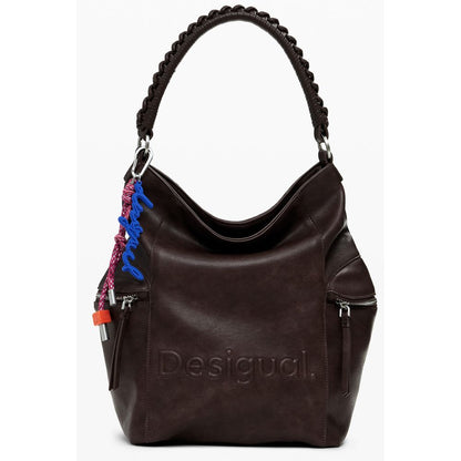 Desigual Brown Polyethylene Women Backpack with Africa-inspired logo and tactile relief print, stylish and versatile accessory.