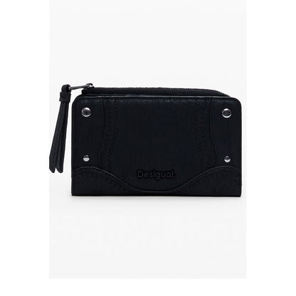 Desigual Black Polyethylene Women Wallet with embroidered patches and zip closure, featuring three compartments and coin purse.