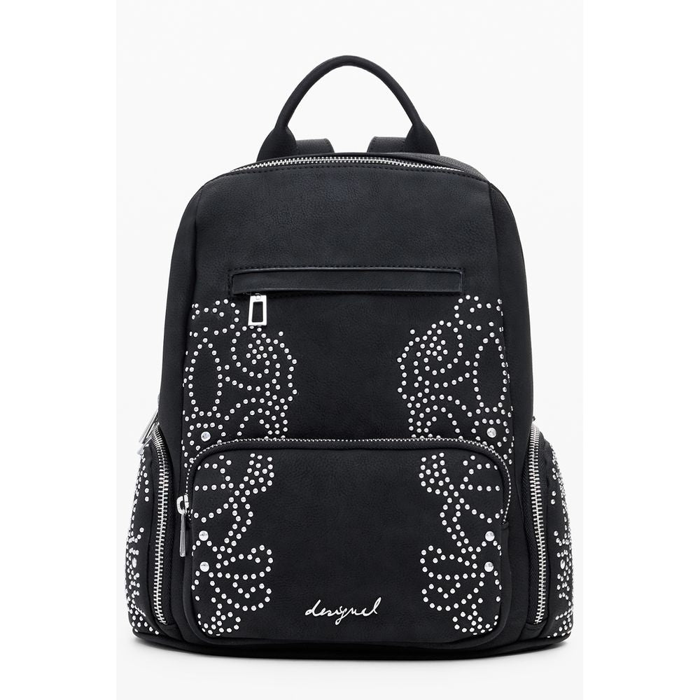 Desigual Black Polyethylene Women Backpack with studded details and contrasting design, perfect for fashion-forward trendsetters.