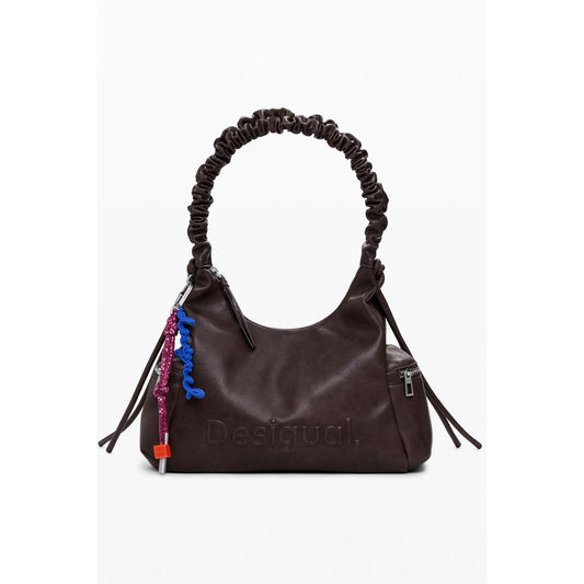 Desigual Brown Polyethylene Women Handbag with bold relief print and contrasting details, featuring practical compartments and signature logo.