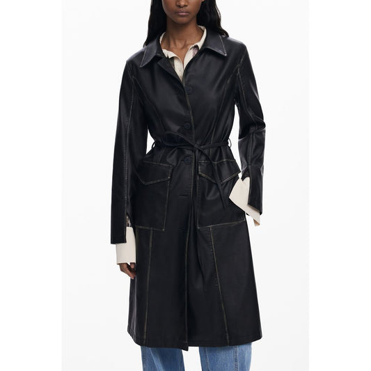 Desigual Black Polyethylene Women Coat with waist-cinching belt and contrasting accents, featuring Desigual logo and pockets.