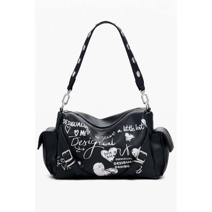Desigual Black Polyethylene Women Handbag featuring removable handle and adjustable strap with stylish text design.